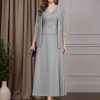 2 Pieces A-Line/Princess V-Neck 3/4 Length Sleeves Tea-Length Mother of the Bride Dresses with Jacket & Sequins
