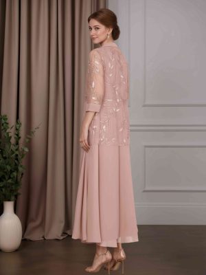 2 Pieces A-Line/Princess V-Neck 3/4 Length Sleeves Tea-Length Mother of the Bride Dresses with Jacket & Sequins