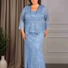 2 Pieces A-Line/Princess Scoop Neck Long Sleeves Ankle-Length Plus Size Mother of the Bride Dresses with Jacket & Lace