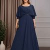A-Line/Princess Scoop Neck Half Sleeves Floor-Length Plus Size Mother of the Bride Dresses with Pleated & Beading