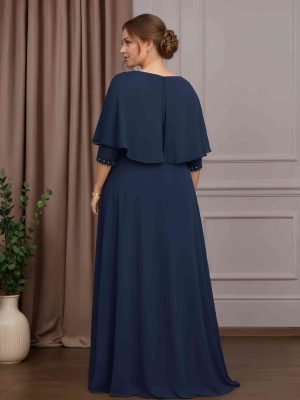 A-Line/Princess Scoop Neck Half Sleeves Floor-Length Plus Size Mother of the Bride Dresses with Pleated & Beading