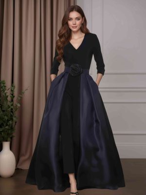2 Pieces A-Line/Princess V-Neck 3/4 Length Sleeves Mother of the Bride Pantsuits with Flower Belt
