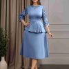 2 Pieces Round Neck 3/4 Length Sleeves Tea-Length Plus Size Mother of the Bride Dresses with Ruffles, Pearls & Lace Appliques