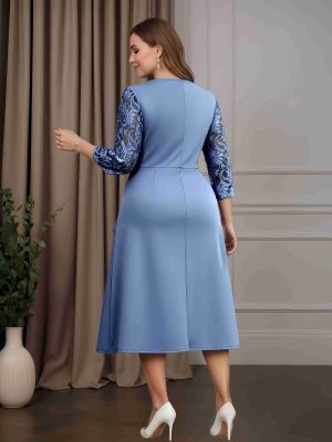 2 Pieces Round Neck 3/4 Length Sleeves Tea-Length Plus Size Mother of the Bride Dresses with Ruffles, Pearls & Lace Appliques