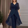 2 Pieces V-Neck Half Sleeves Ankle-Length Plus Size Mother of the Bride Pantsuits with Ruffles & 3D Flower