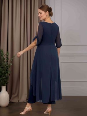 2 Pieces V-Neck Half Sleeves Ankle-Length Plus Size Mother of the Bride Pantsuits with Ruffles & 3D Flower
