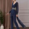 2 Pieces V-Neck Long Sleeves Floor-Length Mother of the Bride Pantsuits with Appliques