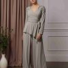 2 Pieces V-Neck Long Sleeves Floor-Length Mother of the Bride Pantsuits with Appliques & Ruffles