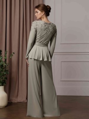 2 Pieces V-Neck Long Sleeves Floor-Length Mother of the Bride Pantsuits with Appliques & Ruffles