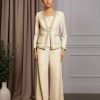 3 Pieces Scoop Neck Long Sleeves Floor-Length Mother of the Bride Pantsuits with Jacket, Sequins & Pockets