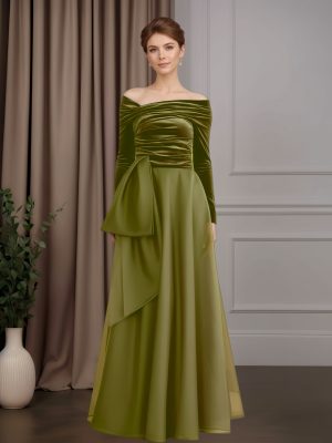 A-Line/Princess Asymmetrical Neckline Long Sleeves Floor-Length Mother of the Bride Dresses with Bowknot & Ruffles