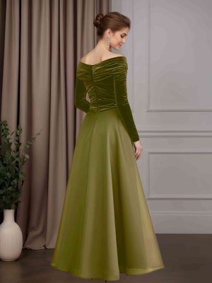 A-Line/Princess Asymmetrical Neckline Long Sleeves Floor-Length Mother of the Bride Dresses with Bowknot & Ruffles