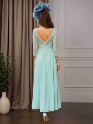 A-Line/Princess Boat Neck 3/4 Length Sleeves Tea-Length Mother of the Bride Dresses with Lace & Beaded