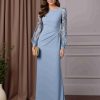 Sheath/Column Scoop Neck Long Sleeves Floor-Length Mother of the Bride Dresses with Lace & Pleated