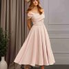 A-Line/Princess Off-The-Shoulder Short Sleeves Tea-Length Mother of the Bride Dresses with Pleated & Beaded