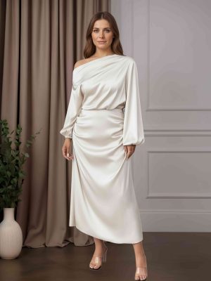 A-Line/Princess One-Shoulder Long Sleeves Tea-Length Mother of the Bride Dresses with Ruched