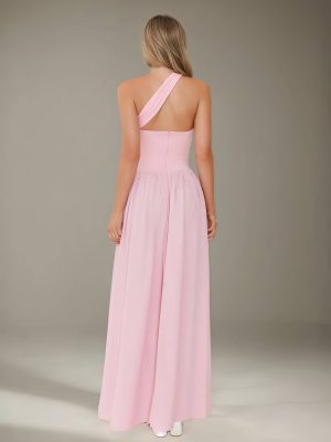 A-Line/Princess One-Shoulder Sleeveless Floor-Length Long Bridesmaid Dresses with Ruffles