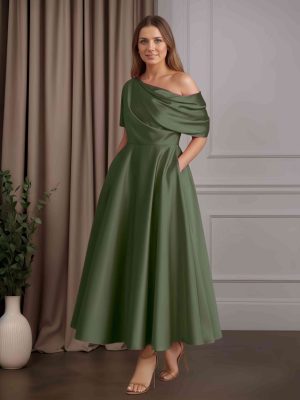 A-Line/Princess One-Shoulder Half Sleeves Ankle-Length Mother of the Bride Dresses with Ruffles