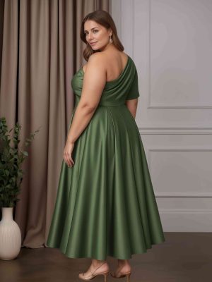 A-Line/Princess One-Shoulder Half Sleeves Ankle-Length Plus Size Mother of the Bride Dresses with Ruffles