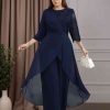 2 Pieces A-Line/Princess Round Neck 3/4 Length Sleeves Ankle-Length Plus Size Mother of the Bride Pantsuits with Ruffles, 3D Flower & Lace Appliques