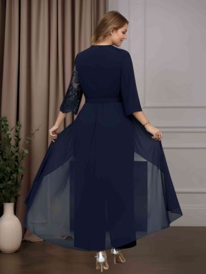2 Pieces A-Line/Princess Round Neck 3/4 Length Sleeves Ankle-Length Plus Size Mother of the Bride Pantsuits with Ruffles, 3D Flower & Lace Appliques