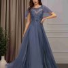 A-Line/Princess Round Neck Cap Sleeves Floor-Length Mother of the Bride Dresses with Sequins & Lace Appliques