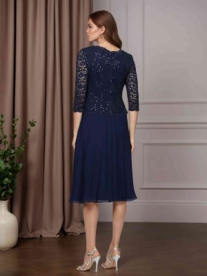 2 Pieces A-Line/Princess Round Neck Half Sleeves Tea-Length Mother Of The Bride Dresses With Sequins & Lace Appliques