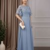 A-Line/Princess Round Neck Short Sleeves Floor-Length Mother of the Bride Dresses with Ruffles & Lace Appliques