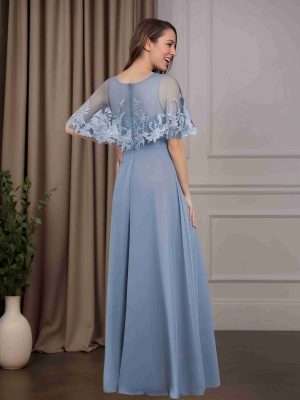 A-Line/Princess Round Neck Short Sleeves Floor-Length Mother of the Bride Dresses with Ruffles & Lace Appliques