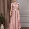 A-Line/Princess Round Neck Short Sleeves Tea-Length Mother of the Bride Dresses with Pocket, Beaded & Bowknot