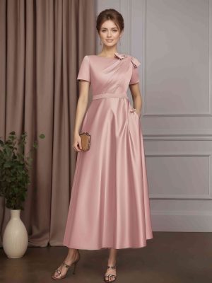 A-Line/Princess Round Neck Short Sleeves Tea-Length Mother of the Bride Dresses with Pocket, Beaded & Bowknot