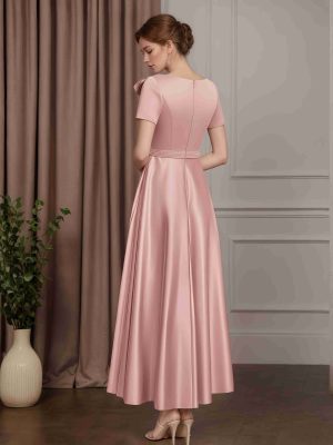 A-Line/Princess Round Neck Short Sleeves Tea-Length Mother of the Bride Dresses with Pocket, Beaded & Bowknot