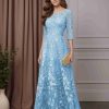 A-Line/Princess Scoop Neck Floor-Sleeves Tea-Length Elegant Mother of the Bride Dresses With Lace Appliques