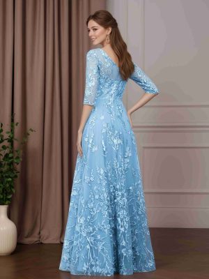 A-Line/Princess Scoop Neck Floor-Sleeves Tea-Length Elegant Mother of the Bride Dresses With Lace Appliques