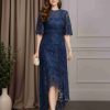 A-Line/Princess Scoop Neck Half Sleeves Asymmetrical Mother of the Bride Dresses with Lace Appliques
