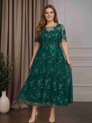 A-Line/Princess Scoop Neck Short Sleeves Asymmetrical Mother of the Bride Dresses with Lace Appliques & Sequins