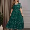A-Line/Princess Scoop Neck Short Sleeves Asymmetrical Plus Size Mother of the Bride Dresses with Lace Appliques & Sequins