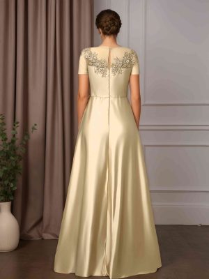A-Line/Princess Scoop Neck Short Sleeves Floor-Length Mother of the Bride Dresses with Ruffles, Bowknot & Lace Appliques