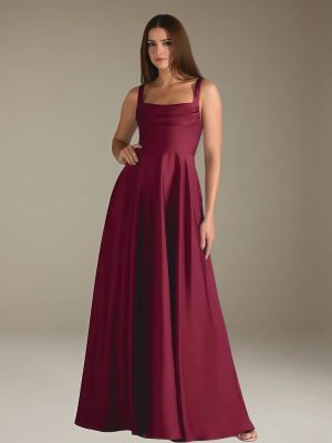 A-Line/Princess Square Neck Sleeveless Floor-Length Bridesmaid Dresses with Pleated & Pockets