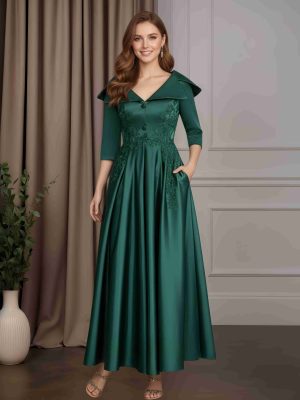 A-Line/Princess V-Neck 3/4 Length Sleeves Ankle-Length Satin Mother of the Bride Dresses with Lace Appliques