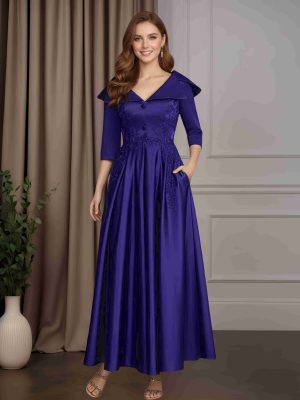 A-Line/Princess V-Neck 3/4 Length Sleeves Ankle-Length Satin Mother of the Bride Dresses with Lace Appliques