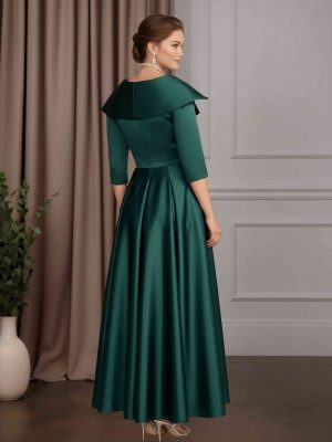 A-Line/Princess V-Neck 3/4 Length Sleeves Ankle-Length Satin Mother of the Bride Dresses with Lace Appliques