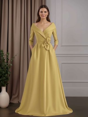 A-Line/Princess V-Neck 3/4 Length Sleeves Floor-Length Mother of the Bride Dresses with 3D Flowers