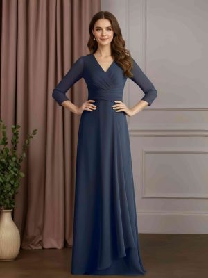 A-Line/Princess V-Neck 3/4 Length Sleeves Floor-Length Mother of the Bride Dresses with Ruffles
