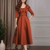 A-Line/Princess V-Neck 3/4 Length Sleeves Tea-Length Satin Mother of the Bride Dresses with Ruched