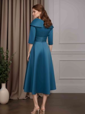 A-Line/Princess V-Neck 3/4 Length Sleeves Tea-Length Satin Mother of the Bride Dresses with Ruched