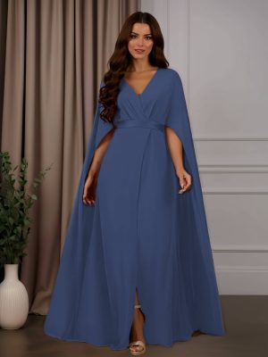 A-Line/Princess V-Neck Cap Sleeves Floor-Length Mother of the Bride Dresses with Pleated & Split Side