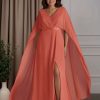 A-Line/Princess V-Neck Cap Sleeves Floor-Length Plus Size Mother of the Bride Dresses with Pleated & Split Side