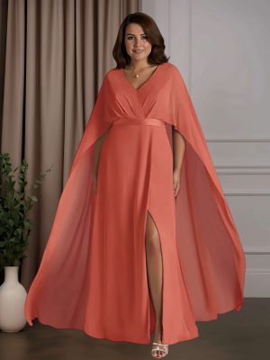 A-Line/Princess V-Neck Cap Sleeves Floor-Length Plus Size Mother of the Bride Dresses with Pleated & Split Side