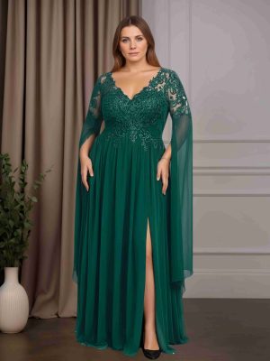 A-Line/Princess V-Neck Half Flutter Sleeves Floor-Length Plus Size Mother of the Bride Dresses with Split Side & Appliques